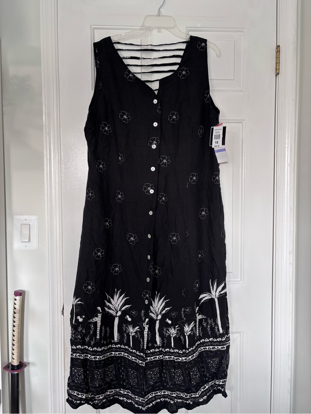R&K Black Maxi Dress with White Floral & Palm Border